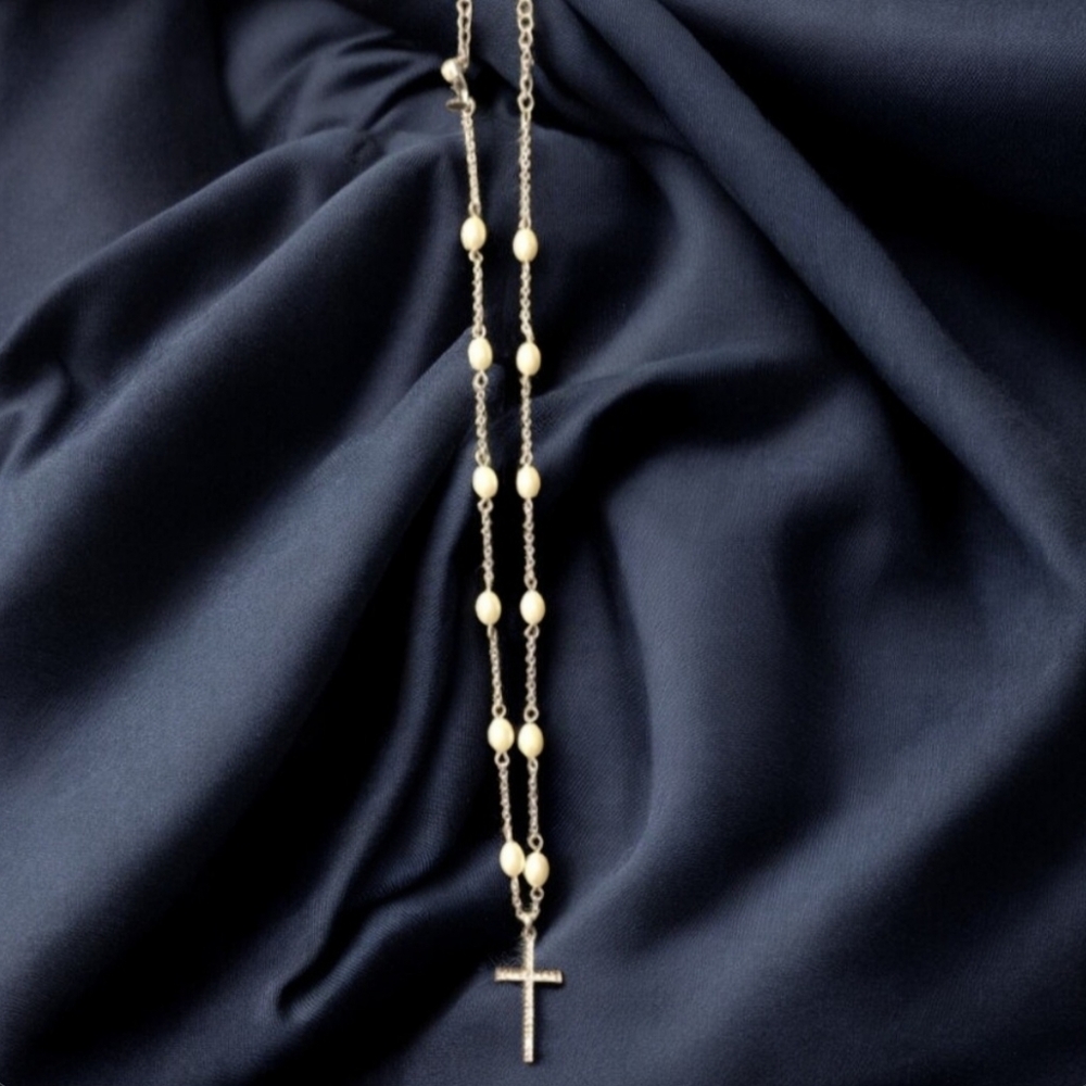 Vintage Signed SHB faux Pearl Necklace With Cross